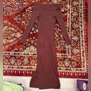 Brown Knitted off the shoulder Long Sleeve Maxi Dress